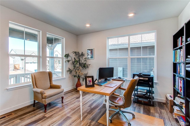 home office featuring visible vents, recessed lighting, wood finished floors, and baseboards