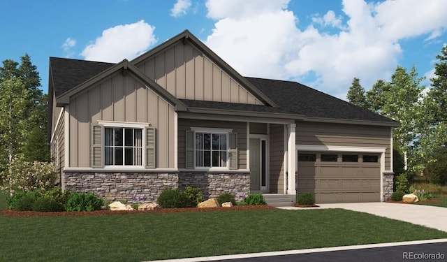 view of front of home with board and batten siding, a front yard, a garage, stone siding, and driveway