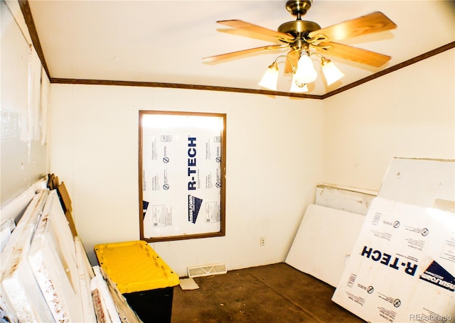 washroom with ceiling fan and crown molding