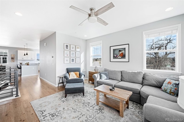 living room featuring ceiling fan and light hardwood / wood-style flooring