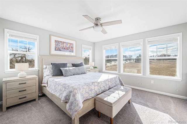 carpeted bedroom featuring ceiling fan and multiple windows