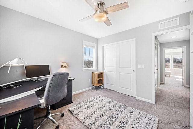 office featuring carpet floors and ceiling fan