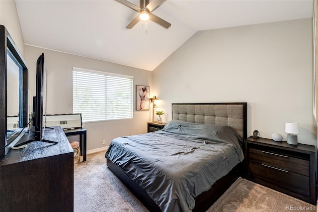 8500 E Jefferson Ave Unit 19B, Denver, CO 80237 - carpeted bedroom featuring vaulted ceiling, baseboards, and ceiling fan