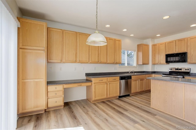 21968 E Princeton Dr, Aurora, CO 80018 - kitchen with stainless steel appliances, light brown cabinetry, recessed lighting, light wood-type flooring, and dark countertops