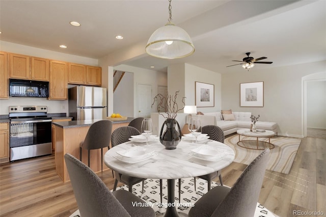 21968 E Princeton Dr, Aurora, CO 80018 - dining area with light wood finished floors, recessed lighting, a ceiling fan, and baseboards