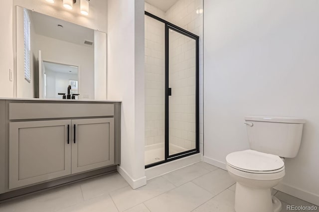 bathroom with vanity, an enclosed shower, tile patterned floors, and toilet