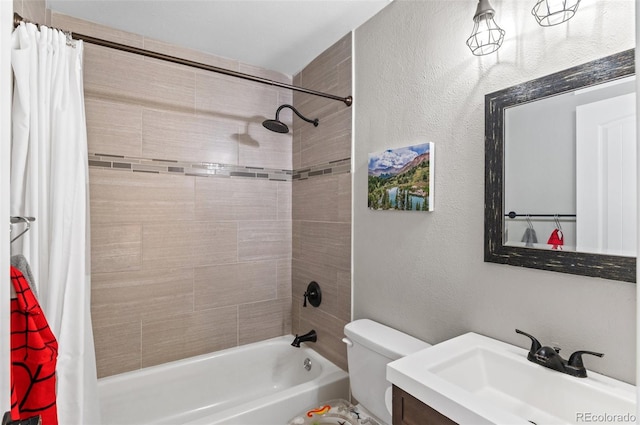 full bathroom featuring toilet, vanity, and shower / tub combo with curtain