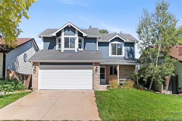 view of front of property with a garage and a front lawn