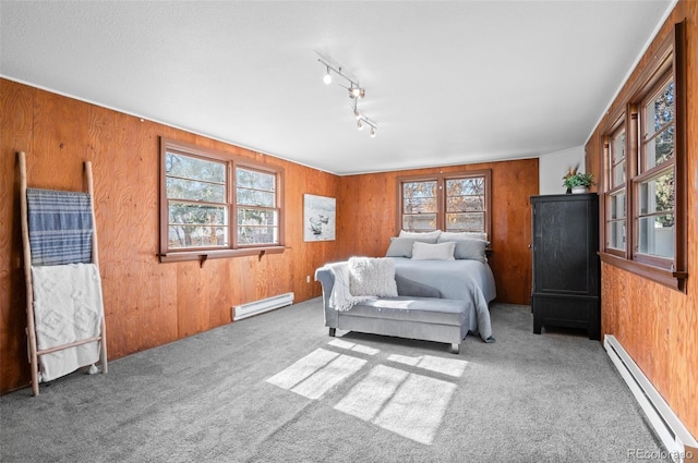 bedroom with wood walls, track lighting, carpet floors, and a baseboard heating unit