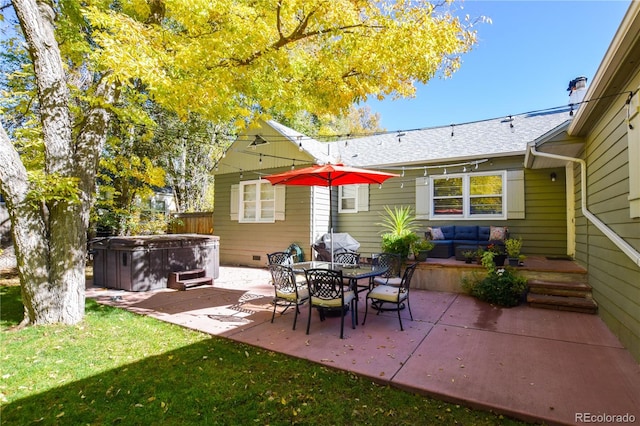 view of patio featuring an outdoor hangout area and a hot tub