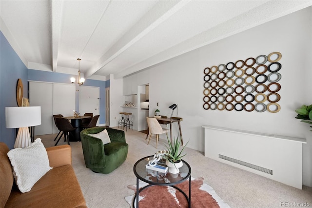 living room with carpet floors, beamed ceiling, and radiator