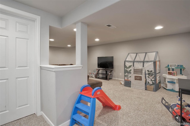rec room featuring carpet flooring, recessed lighting, and baseboards