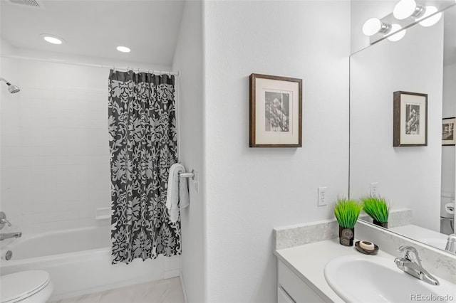 bathroom with vanity, toilet, recessed lighting, and shower / bath combo with shower curtain