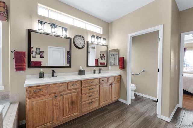 bathroom with toilet, hardwood / wood-style floors, and vanity