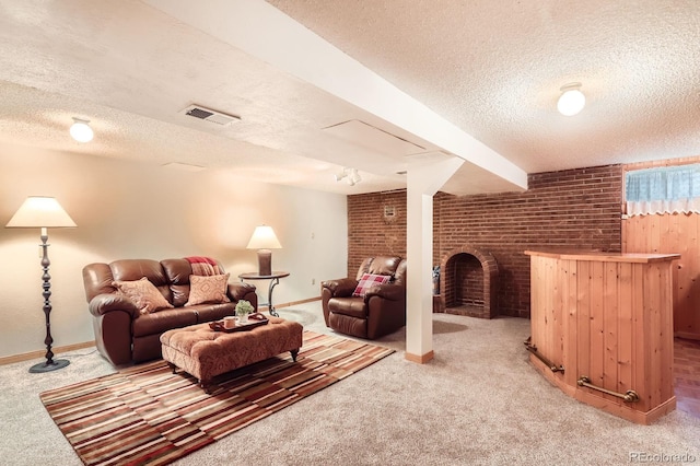 3544 Dyanna Dr, Thornton, CO 80241 - carpeted living area featuring a textured ceiling, a bar, and brick wall