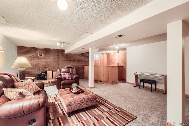 3544 Dyanna Dr, Thornton, CO 80241 - carpeted living room with a textured ceiling and brick wall