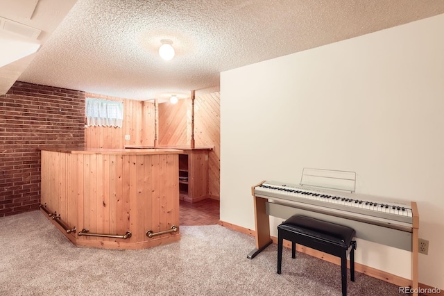 3544 Dyanna Dr, Thornton, CO 80241 - bar featuring brick wall, a textured ceiling, wood walls, and carpet flooring