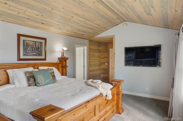 carpeted bedroom with wooden ceiling and lofted ceiling