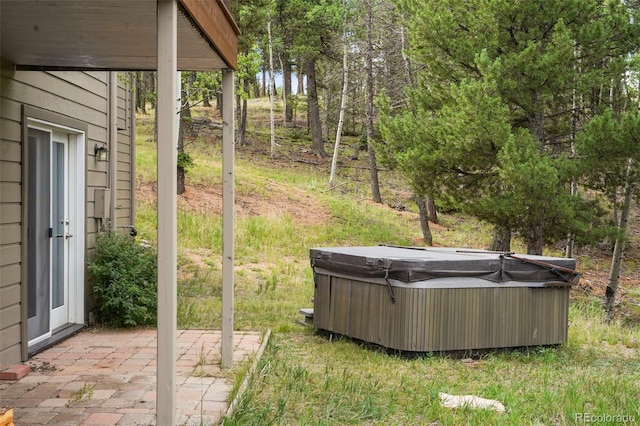 view of yard featuring a patio area and a hot tub