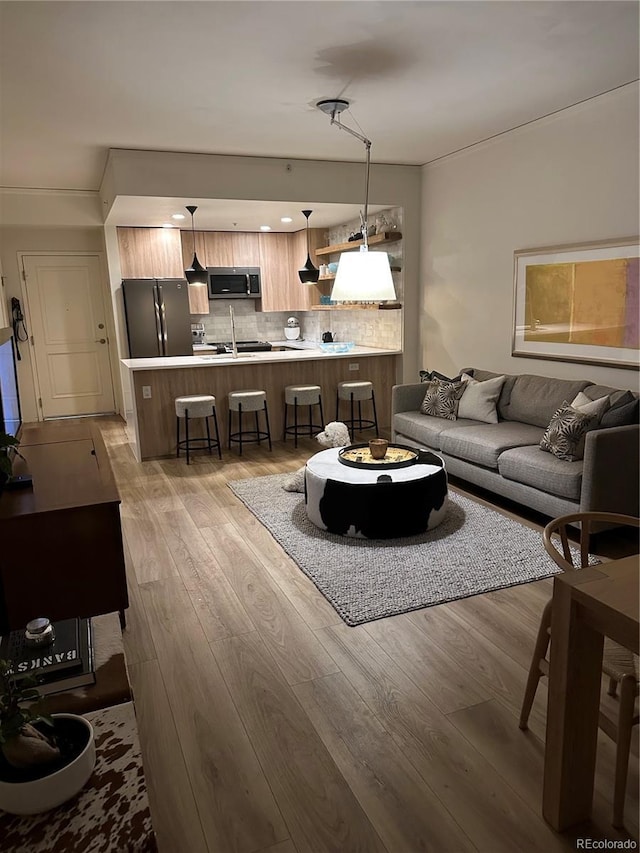 living area featuring light wood-style flooring
