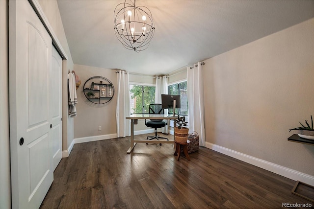 10701 Flagler Dr, Parker, CO 80134 - office featuring a chandelier, dark wood-style flooring, and baseboards