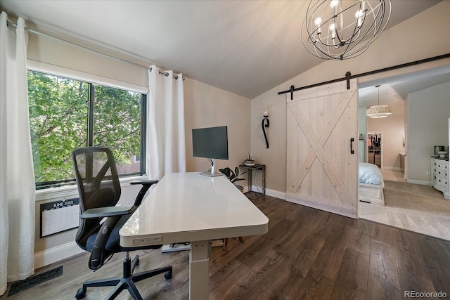 10701 Flagler Dr, Parker, CO 80134 - office space featuring vaulted ceiling, wood finished floors, a barn door, baseboards, and a chandelier