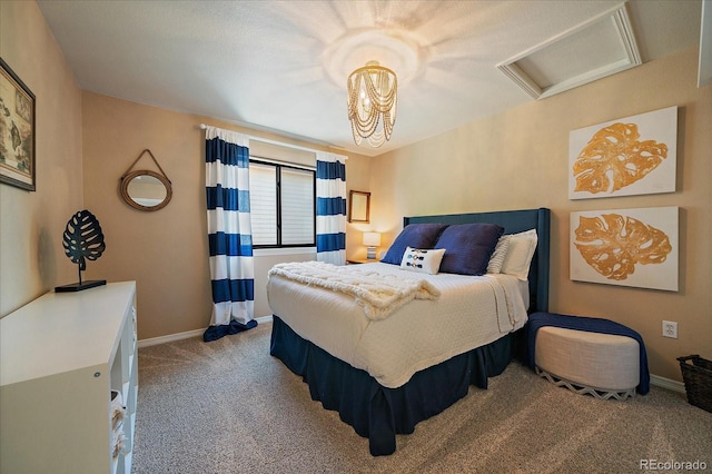 10701 Flagler Dr, Parker, CO 80134 - bedroom featuring carpet flooring, baseboards, a chandelier, and attic access