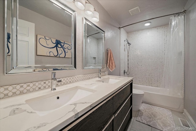 10701 Flagler Dr, Parker, CO 80134 - bathroom with shower / bath combo, toilet, double vanity, and tile patterned floors