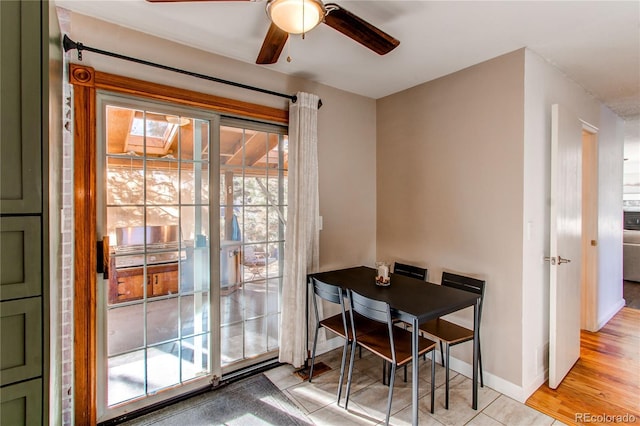 dining room featuring a ceiling fan and baseboards