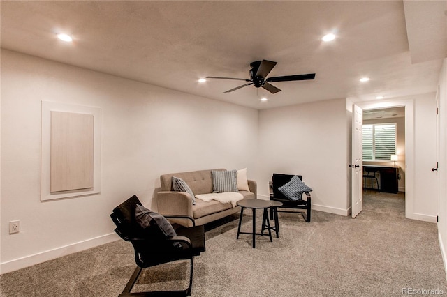 living room with a ceiling fan, baseboards, carpet flooring, and recessed lighting