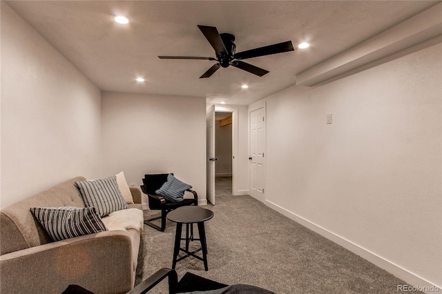 sitting room featuring ceiling fan, recessed lighting, carpet flooring, and baseboards