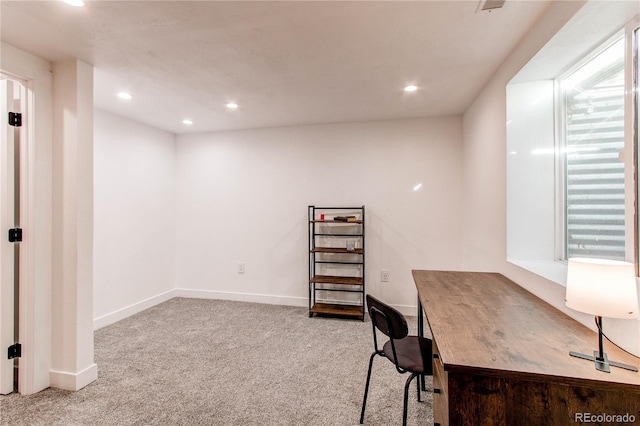 carpeted home office featuring baseboards and recessed lighting