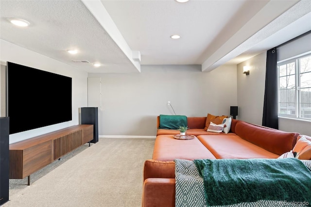 home theater with light carpet