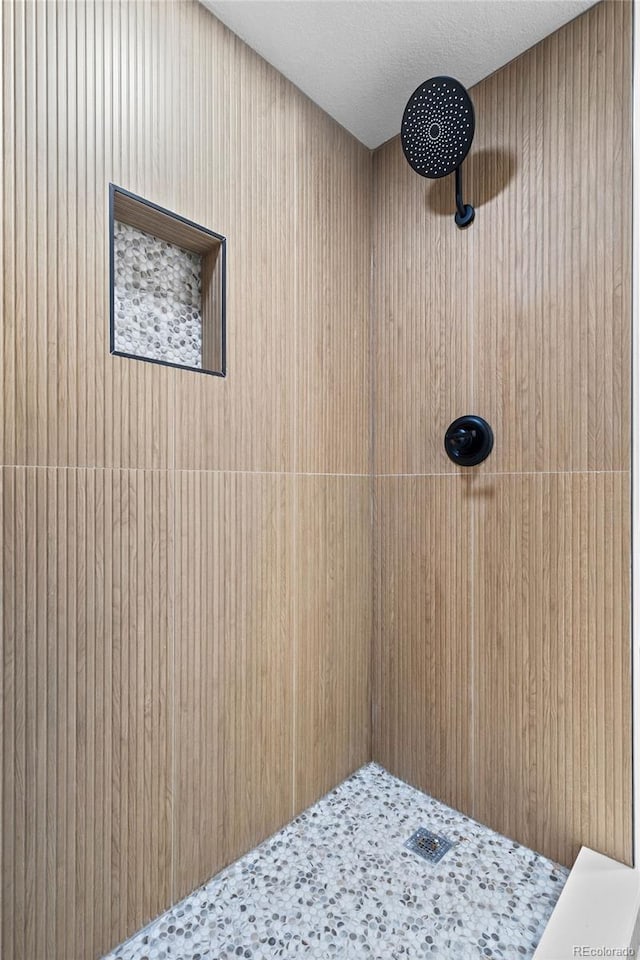 room details with a textured ceiling and a shower