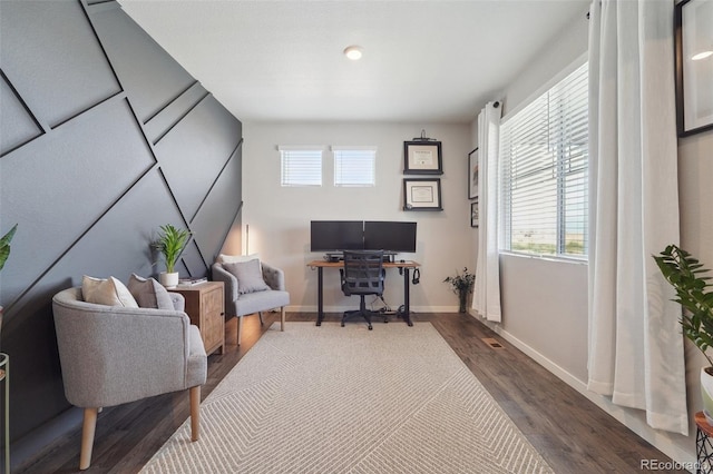 home office featuring hardwood / wood-style flooring