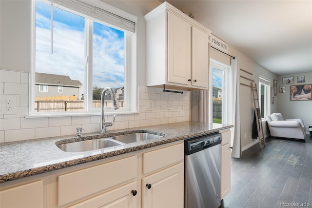 kitchen with stainless steel dishwasher, sink, dark wood-type flooring, and white cabinets