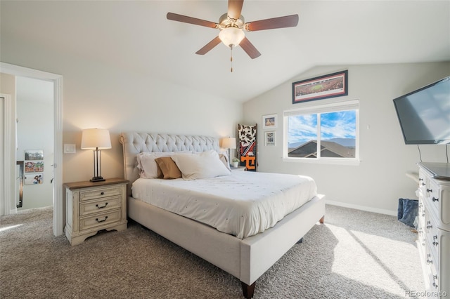 carpeted bedroom with lofted ceiling and ceiling fan