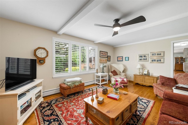 9765 W 77th Dr, Arvada, CO 80005 - living room featuring a ceiling fan, wood finished floors, beam ceiling, and a baseboard heating unit