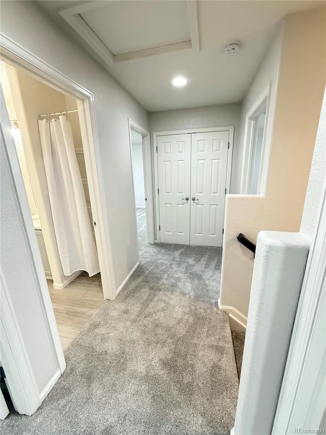 10676 Forester Pl, Longmont, CO 80504 - hallway featuring attic access, carpet flooring, recessed lighting, and baseboards