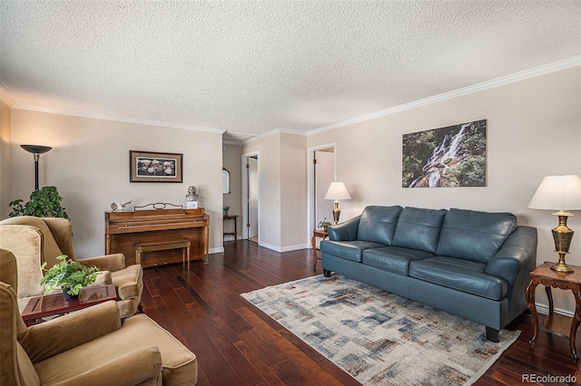 19260 Spring Valley Rd, Monument, CO 80132 - living room featuring wood-type flooring, a textured ceiling, crown molding, and baseboards