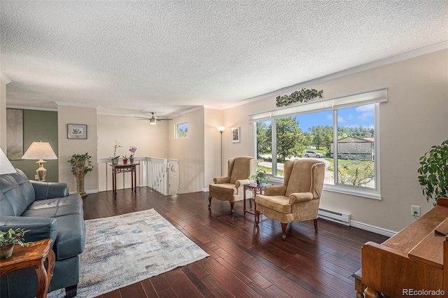 19260 Spring Valley Rd, Monument, CO 80132 - living area with baseboard heating, ornamental molding, a textured ceiling, wood-type flooring, and baseboards