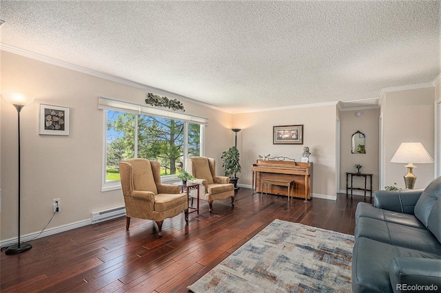 19260 Spring Valley Rd, Monument, CO 80132 - living room featuring a baseboard radiator, hardwood / wood-style floors, a textured ceiling, baseboards, and crown molding