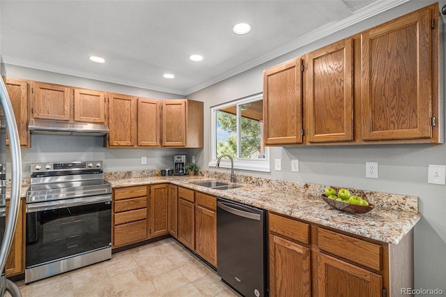 19260 Spring Valley Rd, Monument, CO 80132 - kitchen with appliances with stainless steel finishes, under cabinet range hood, a sink, crown molding, and light stone counters