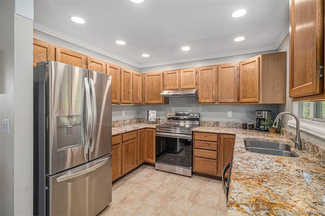 19260 Spring Valley Rd, Monument, CO 80132 - kitchen with appliances with stainless steel finishes, a sink, under cabinet range hood, crown molding, and light stone countertops