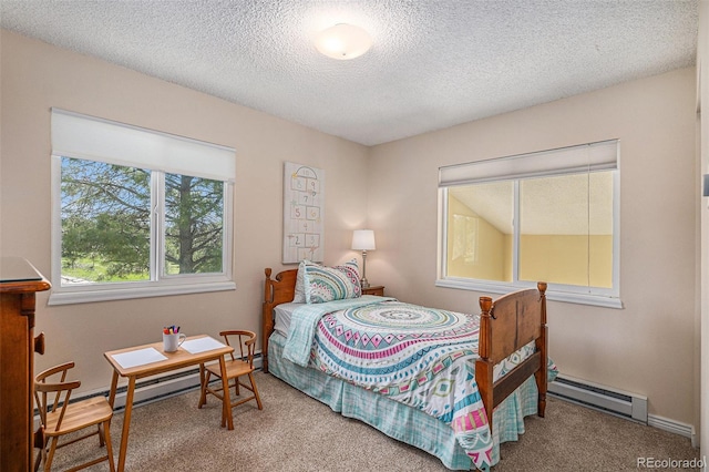 19260 Spring Valley Rd, Monument, CO 80132 - bedroom featuring carpet, baseboard heating, and a textured ceiling