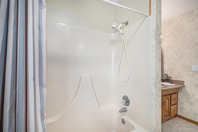 19260 Spring Valley Rd, Monument, CO 80132 - bathroom with shower / bath combo with shower curtain, wallpapered walls, vanity, and tile patterned floors