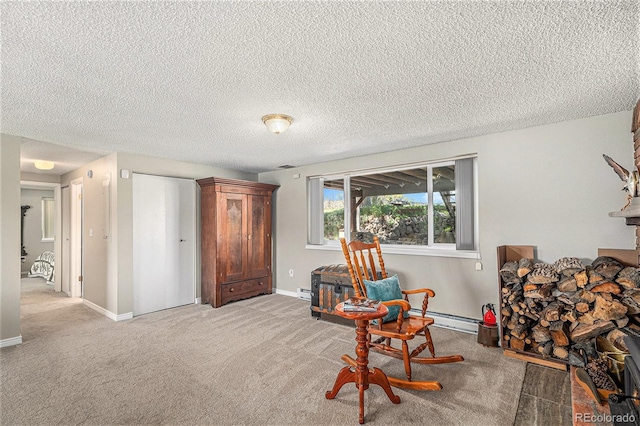19260 Spring Valley Rd, Monument, CO 80132 - living area featuring a baseboard heating unit, light colored carpet, a textured ceiling, and baseboards