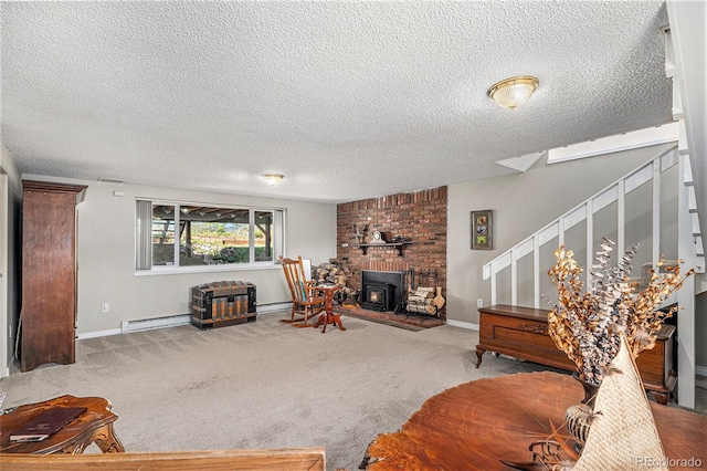 19260 Spring Valley Rd, Monument, CO 80132 - carpeted living area featuring a textured ceiling, stairs, baseboard heating, and baseboards