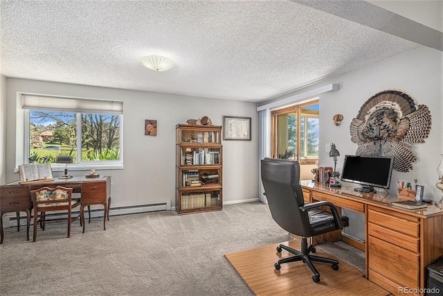 19260 Spring Valley Rd, Monument, CO 80132 - office area featuring carpet, baseboard heating, a textured ceiling, and baseboards