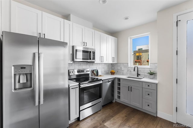 1305 Osceola St, Denver, CO 80204 - kitchen with stainless steel appliances, a sink, light countertops, decorative backsplash, and dark wood-type flooring